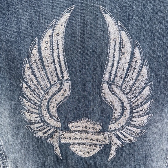 HARLEY DAVIDSON WOMENS DENIM JEAN ANGEL WING RHINESTONE VEST JACKET LARGE - Picture 4 of 9